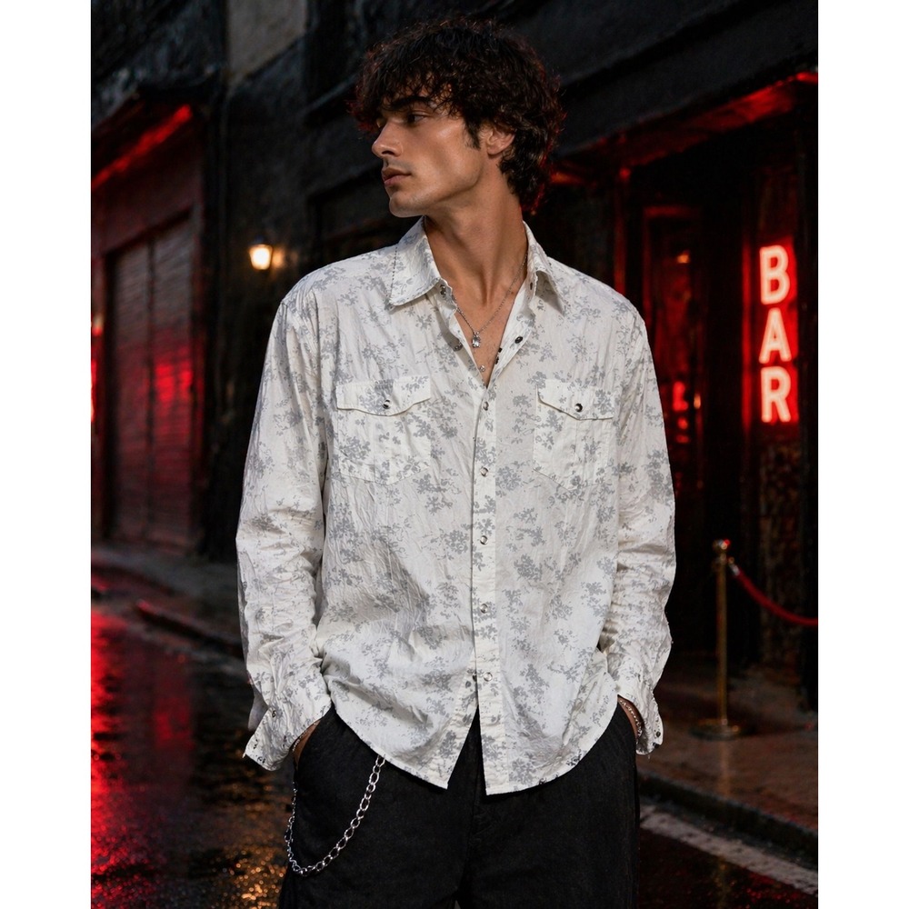 7 Diamonds Mens Large White Floral Toile Western Pearl Snap Long Sleeve Shirt